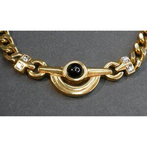 Vintage Givenchy 1980 Gold-Tone Necklace With Black Cabochon & Clear Rhinestones